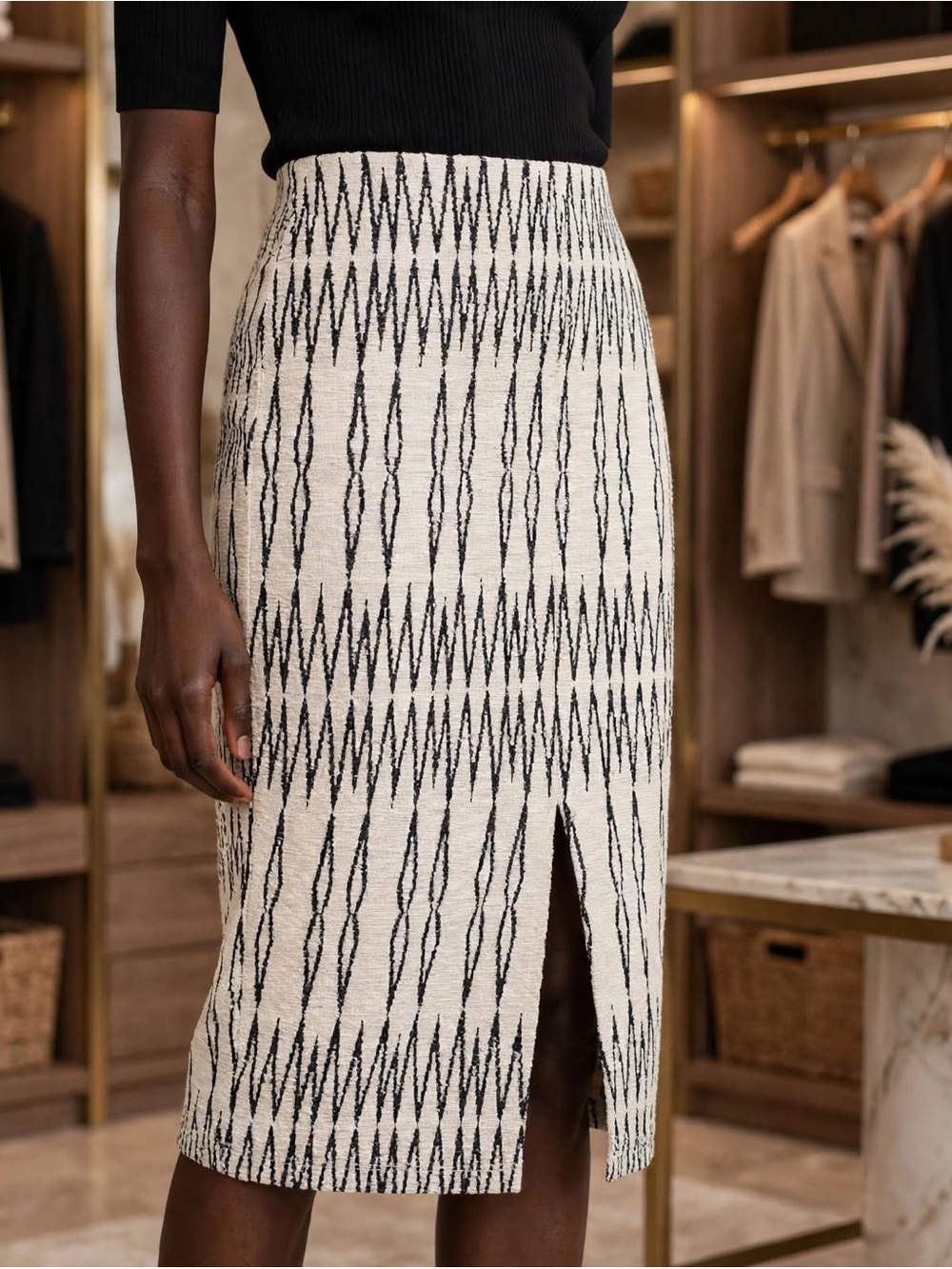 Zara Black and Cream Geometric Midi Skirt